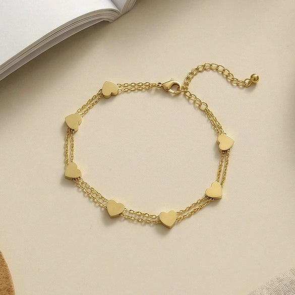 Wholesale Women's Geometric Doublelayered Heart Stainless Steel 18K Gold Plated Bracelet