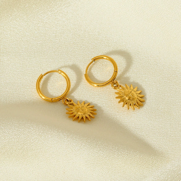 Wholesale Women's Geometric Doublesided Smiling Face Sun Pendant Stainless Steel Earrings With 18K Gold Plating
