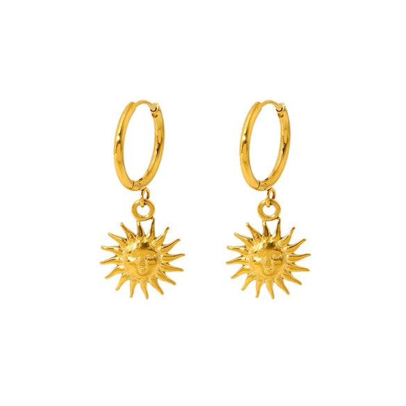 Wholesale Women's Geometric Doublesided Smiling Face Sun Pendant Stainless Steel Earrings With 18K Gold Plating