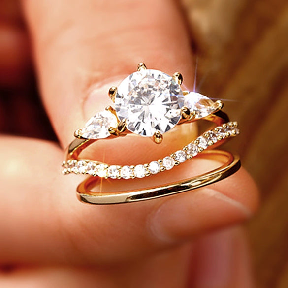 Wholesale Women's Geometric Drop Shape Copper Ring Threepiece Set With Zirconia