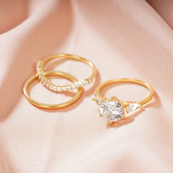 Wholesale Women's Geometric Drop Shape Copper Ring Threepiece Set With Zirconia