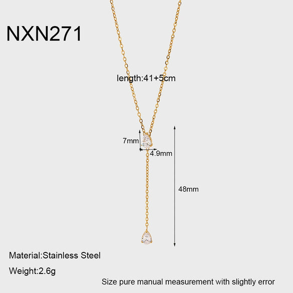 Wholesale Women's Geometric Drop Shape Zircon Tassel Pendant Necklace With 18K Goldplated Stainless Steel Cross Chain