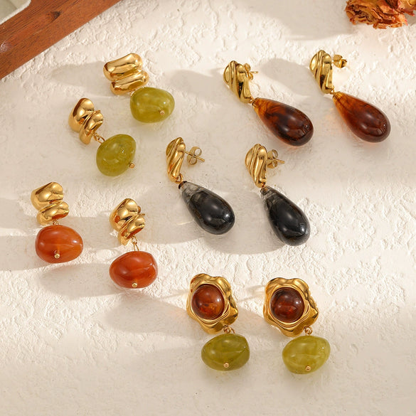 Wholesale Women's Geometric Dropshaped Resin And Stainless Steel Earrings With Vacuum Real Gold Plating