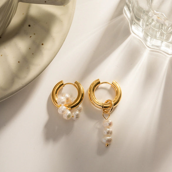 Wholesale Women's Geometric Electroplated Stainless Steel Freshwater Pearl Earrings Jewelry