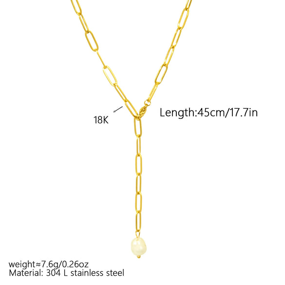 Wholesale Women's Geometric Electroplated Titanium Steel Paper Clip Chain Pearl Pendant Necklace