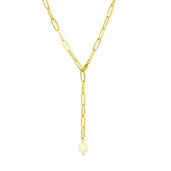 Wholesale Women's Geometric Electroplated Titanium Steel Paper Clip Chain Pearl Pendant Necklace