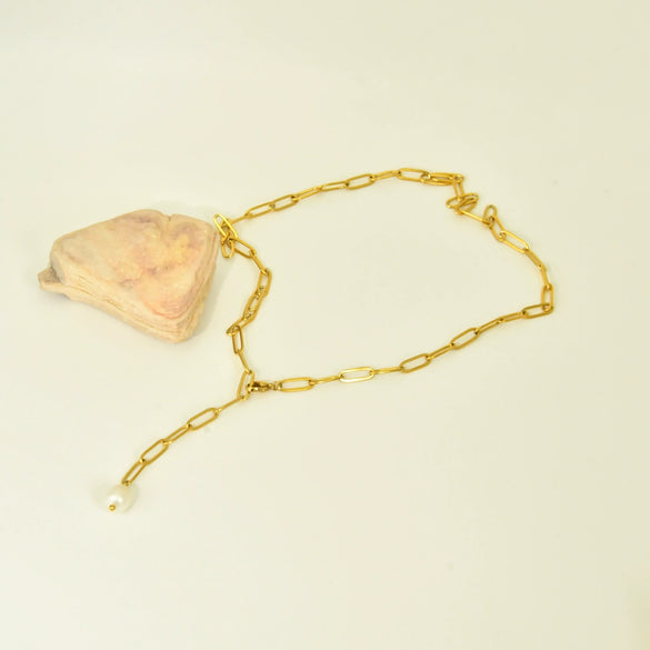 Wholesale Women's Geometric Electroplated Titanium Steel Paper Clip Chain Pearl Pendant Necklace