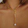 Wholesale Women's Geometric Electroplated Titanium Steel Paper Clip Chain Pearl Pendant Necklace