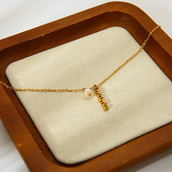 Wholesale Women's Geometric English Letter Pearl Pendant Stainless Steel 18K Gold Plated Necklace With Oshaped Chain