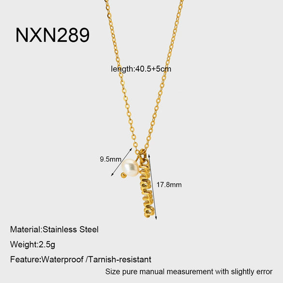 Wholesale Women's Geometric English Letter Pearl Pendant Stainless Steel 18K Gold Plated Necklace With Oshaped Chain
