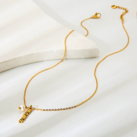 Wholesale Women's Geometric English Letter Pearl Pendant Stainless Steel 18K Gold Plated Necklace With Oshaped Chain