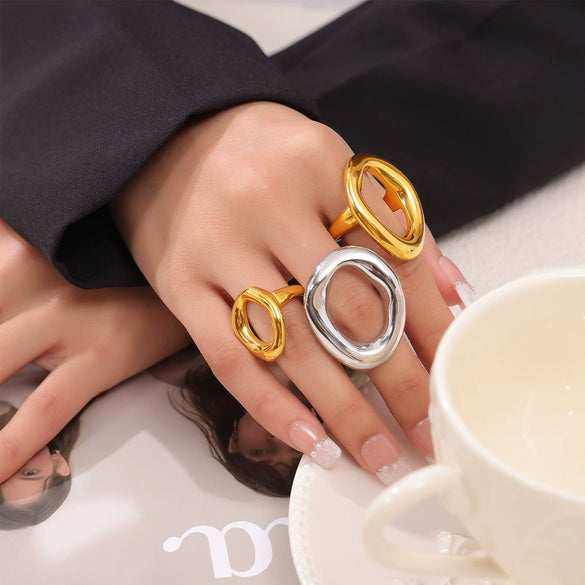 Wholesale Women's Geometric Exaggerated Oval Hollow Electroplated Titanium Steel Ring
