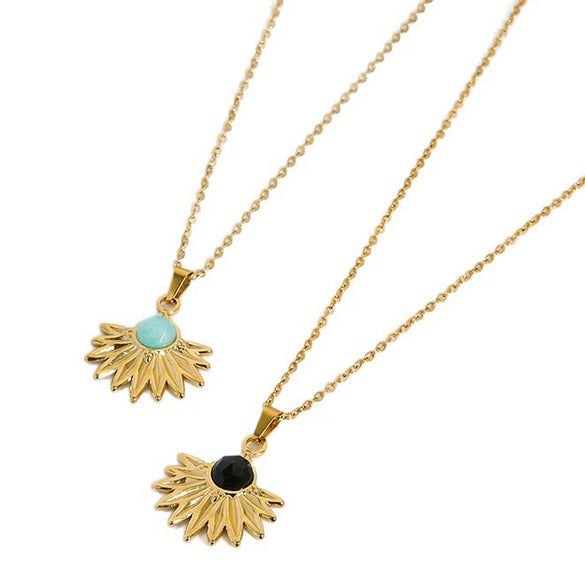 Wholesale Women's Geometric Fanshaped Chrysanthemum Pendant Stainless Steel Necklace Set With Precious Stones Goldplated