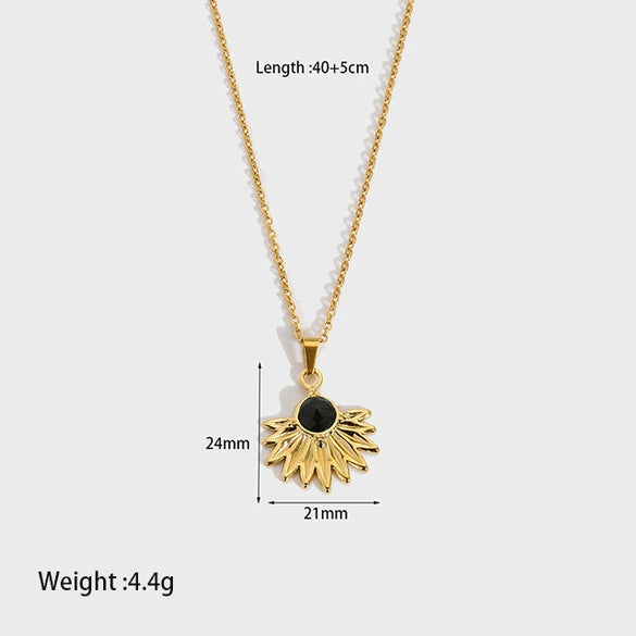 Wholesale Women's Geometric Fanshaped Chrysanthemum Pendant Stainless Steel Necklace Set With Precious Stones Goldplated