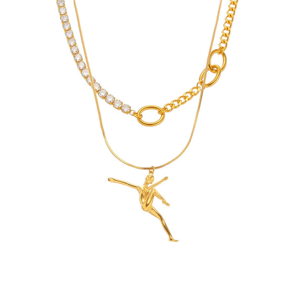 Wholesale Women's Geometric Ferris Wheel And Bear Doublelayer Stacked Stainless Steel And Titanium Steel Electroplated Necklace