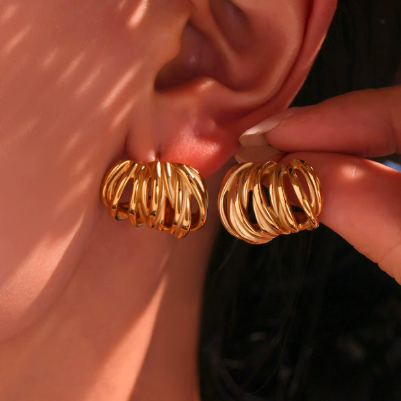 Wholesale Women's Geometric Ferris Wheel Cshaped Stainless Steel Electroplated Multilayered Line Wrapped Earrings