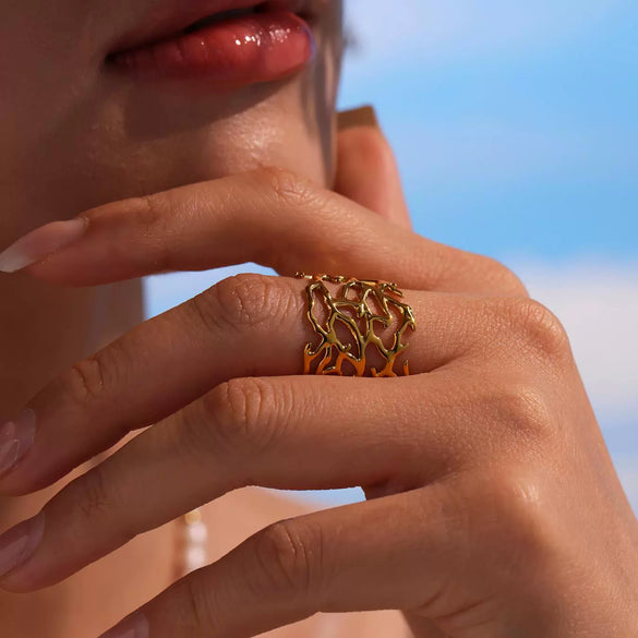 Wholesale Women's Geometric Ferris Wheel Exaggerated Wide Irregular Branchshaped Stainless Steel Goldplated Ring