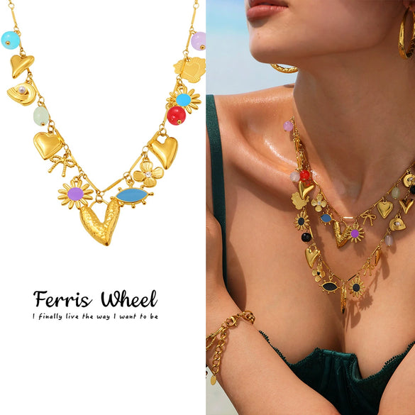 Wholesale Women's Geometric Ferris Wheel Heart Enamel Multiaccessory Necklace 18K Gold Plated Stainless Steel And Titanium Steel