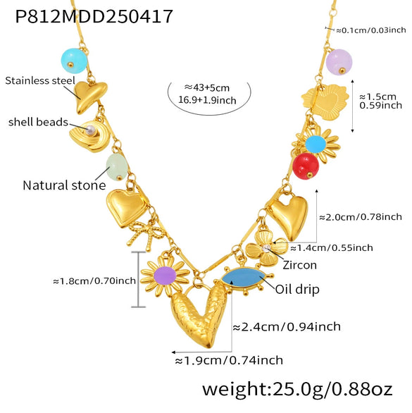 Wholesale Women's Geometric Ferris Wheel Heart Enamel Multiaccessory Necklace 18K Gold Plated Stainless Steel And Titanium Steel