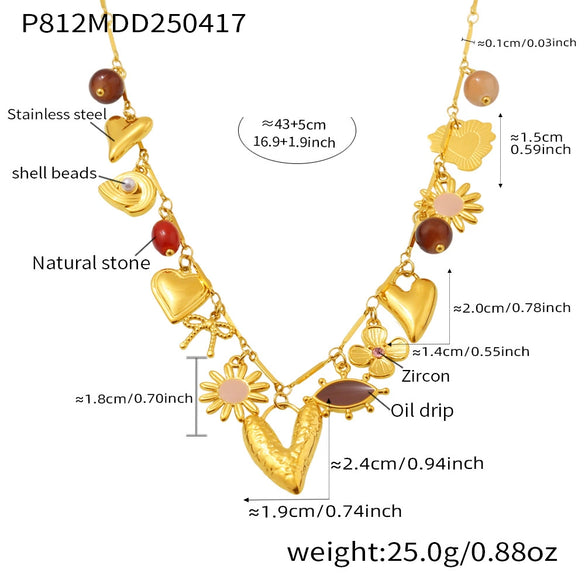 Wholesale Women's Geometric Ferris Wheel Heart Enamel Multiaccessory Necklace 18K Gold Plated Stainless Steel And Titanium Steel