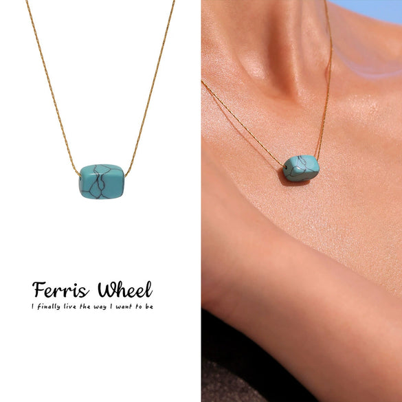 Wholesale Women's Geometric Ferris Wheel Lapis Lazuli Pendant Necklace In Stainless Steel And Titanium Steel With Gold Electroplating