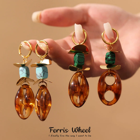 Wholesale Women's Geometric Ferris Wheel Oval Pig Nose Electroplated Stainless Steel Resin Turquoise Earrings