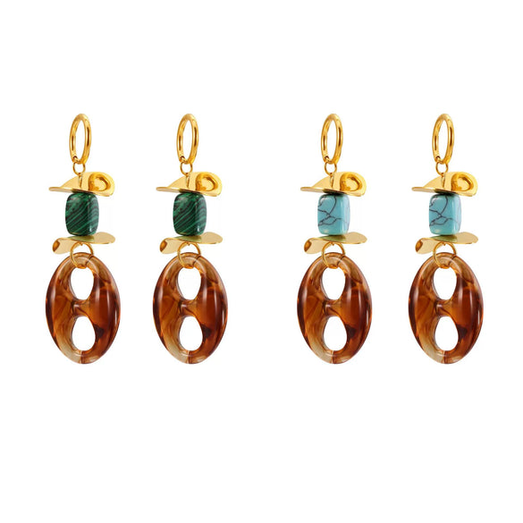 Wholesale Women's Geometric Ferris Wheel Oval Pig Nose Electroplated Stainless Steel Resin Turquoise Earrings