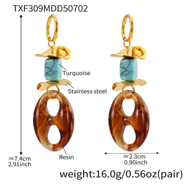 Wholesale Women's Geometric Ferris Wheel Oval Pig Nose Electroplated Stainless Steel Resin Turquoise Earrings