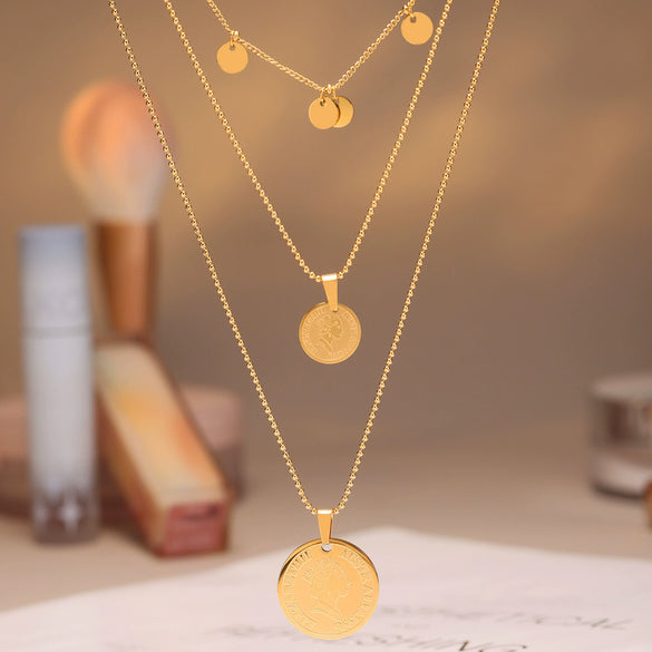 Wholesale Women's Geometric Ferris Wheel Queen Head Threelayer Stacked Stainless Steel And Titanium Steel Electroplated Necklace