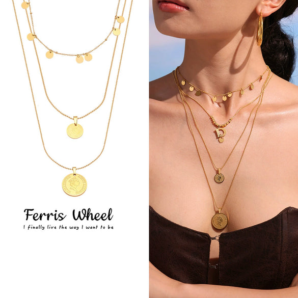 Wholesale Women's Geometric Ferris Wheel Queen Head Threelayer Stacked Stainless Steel And Titanium Steel Electroplated Necklace