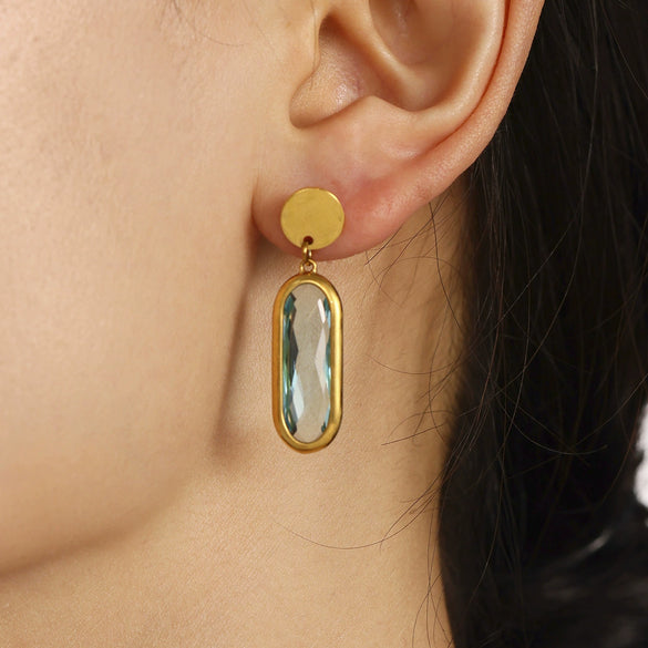Wholesale Women's Geometric Ferris Wheel Rectangular Inlaid Glass Stone Stainless Steel Electroplated Tassel Earrings