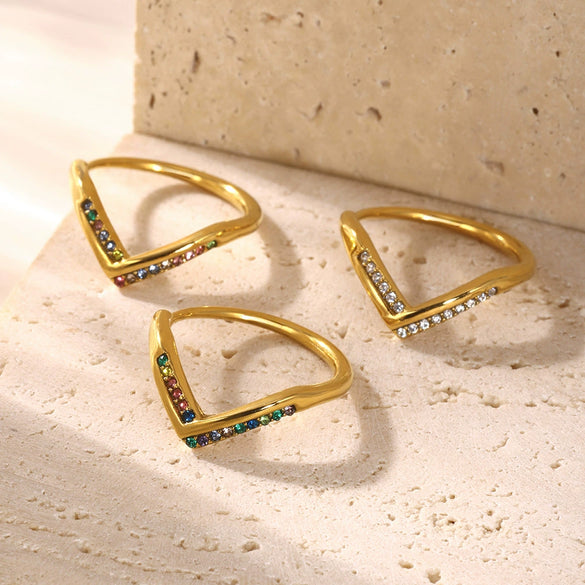 Wholesale Women's Geometric Ferris Wheel Vshaped Diamond 5A Zircon Side Opening Adjustable Stainless Steel Electroplated Ring