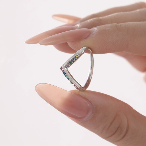 Wholesale Women's Geometric Ferris Wheel Vshaped Diamond 5A Zircon Side Opening Adjustable Stainless Steel Electroplated Ring