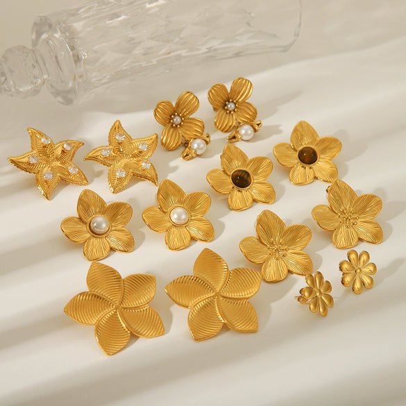 Wholesale Women's Geometric Five Petal Flower Stainless Steel Electroplated Earrings