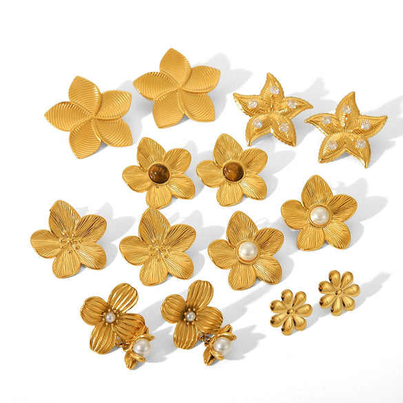 Wholesale Women's Geometric Five Petal Flower Stainless Steel Electroplated Earrings