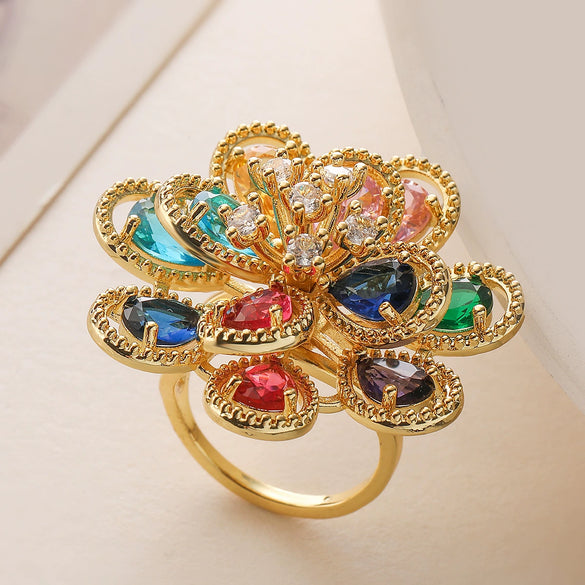 Wholesale Women's Geometric Flower Open Ring Copper Electroplating Zircon Fashion Luxury