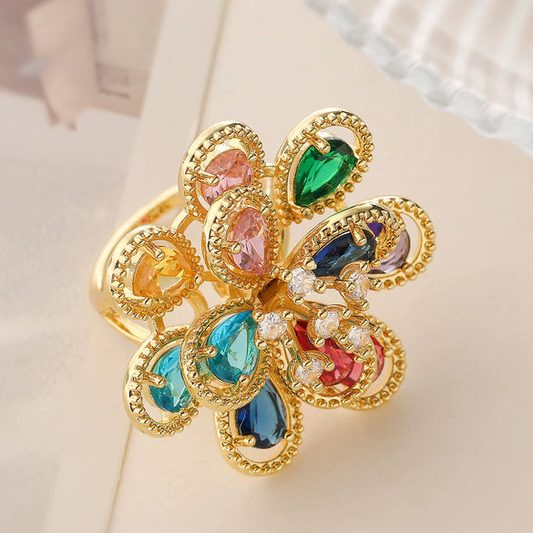 Wholesale Women's Geometric Flower Open Ring Copper Electroplating Zircon Fashion Luxury