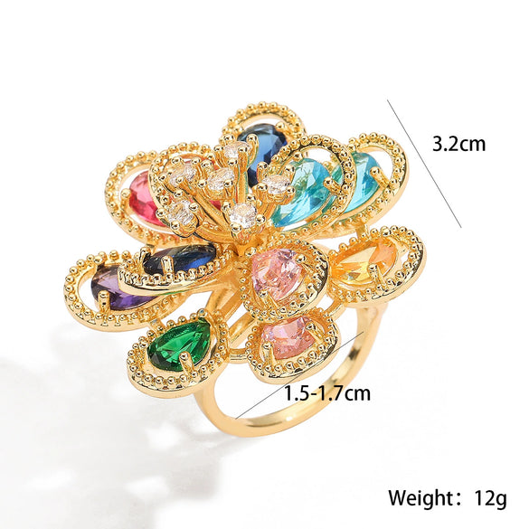Wholesale Women's Geometric Flower Open Ring Copper Electroplating Zircon Fashion Luxury