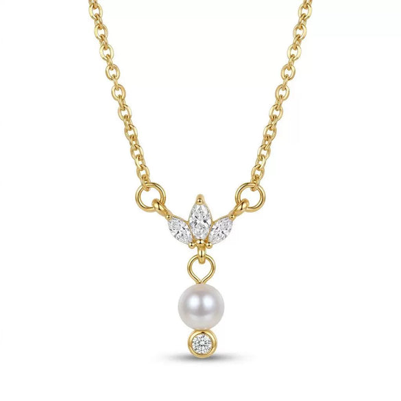 Wholesale Women's Geometric Flowershaped Zircon And Pearl Pendant Necklace With 18K Gold Texture Electroplated Flash O Chain Gentle Chic Style
