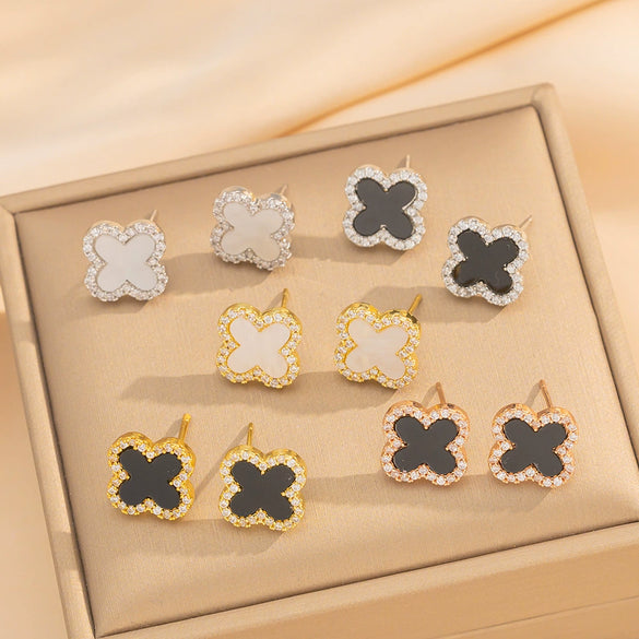 Wholesale Women's Geometric Fourleaf Clover Titanium Steel Diamond Crystal Earrings Trendy Jewelry