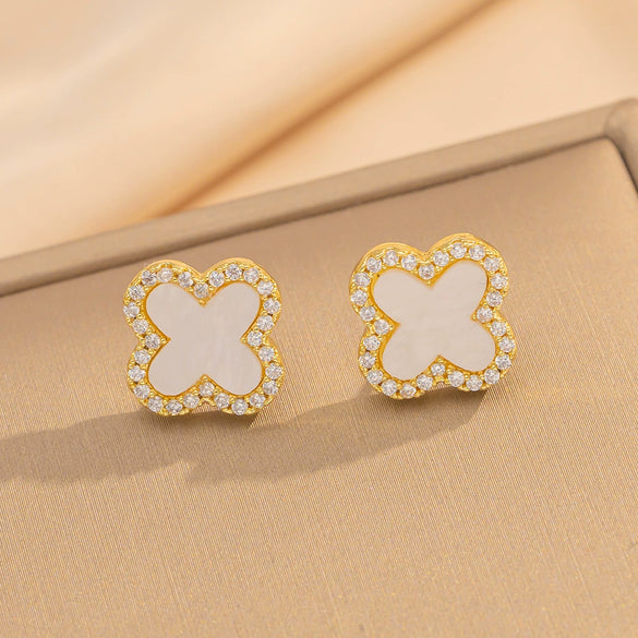 Wholesale Women's Geometric Fourleaf Clover Titanium Steel Diamond Crystal Earrings Trendy Jewelry