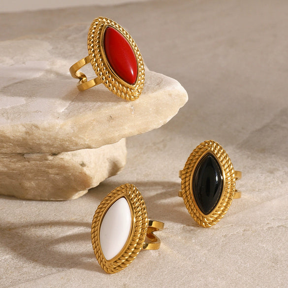 Wholesale Women's Geometric French Retro Stainless Steel Agate Inlaid Horse Eye Shaped Ring Jewelry