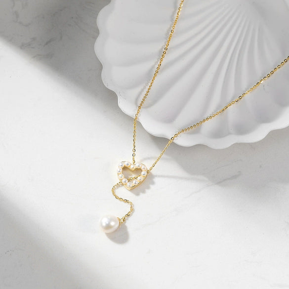 Wholesale Women's Geometric Freshwater Pearl 925 Silver Electroplated Cross Chain Heart Necklace