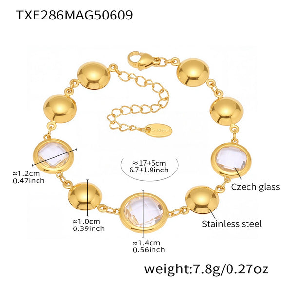 Wholesale Women's Geometric Glass Stone Stainless Steel Goldplated Stitching Bracelet Hand Jewelry