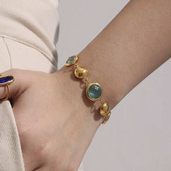 Wholesale Women's Geometric Glass Stone Stainless Steel Goldplated Stitching Bracelet Hand Jewelry