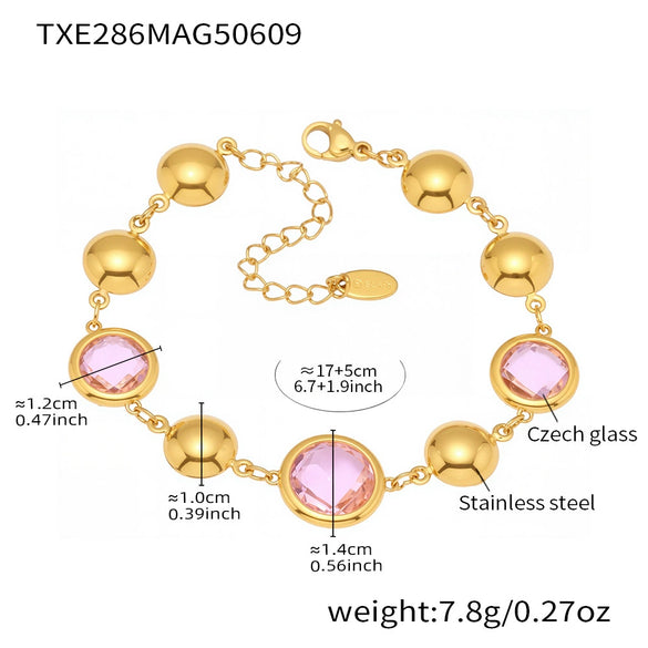 Wholesale Women's Geometric Glass Stone Stainless Steel Goldplated Stitching Bracelet Hand Jewelry