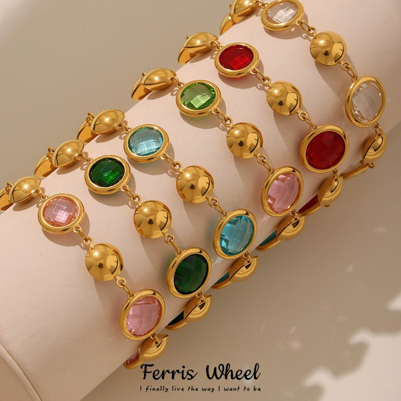 Wholesale Women's Geometric Glass Stone Stainless Steel Goldplated Stitching Bracelet Hand Jewelry