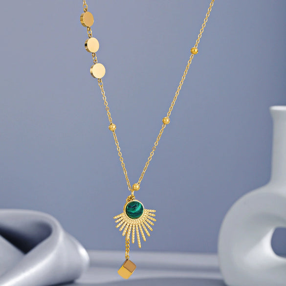 Wholesale Women's Geometric Gold Inlaid Titanium Steel Fan Pendant Necklace With Ochain