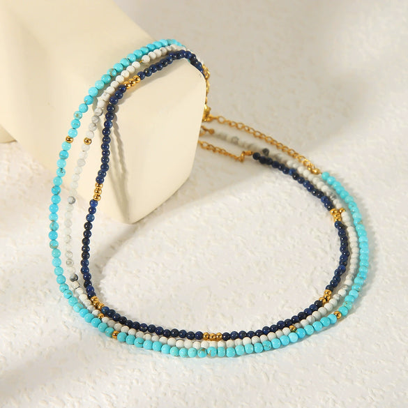 Wholesale Women's Geometric Gold Plated Stainless Steel Beaded Layered Necklace With Snake Chain