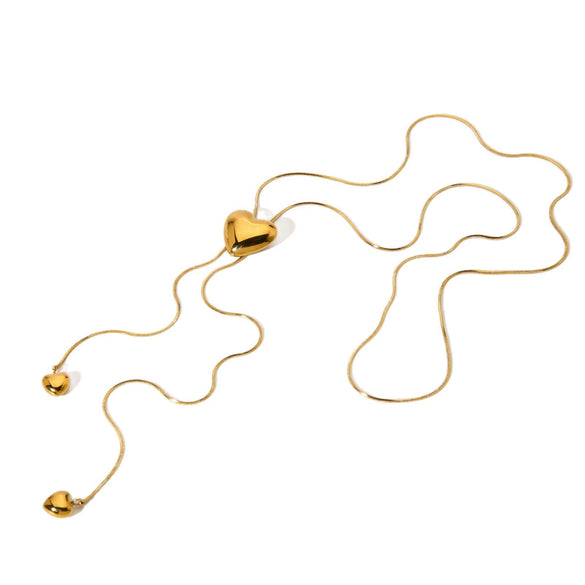 Wholesale Women's Geometric Gold Plated Stainless Steel Snake Bone Chain Heart Tassel Pullout Necklace